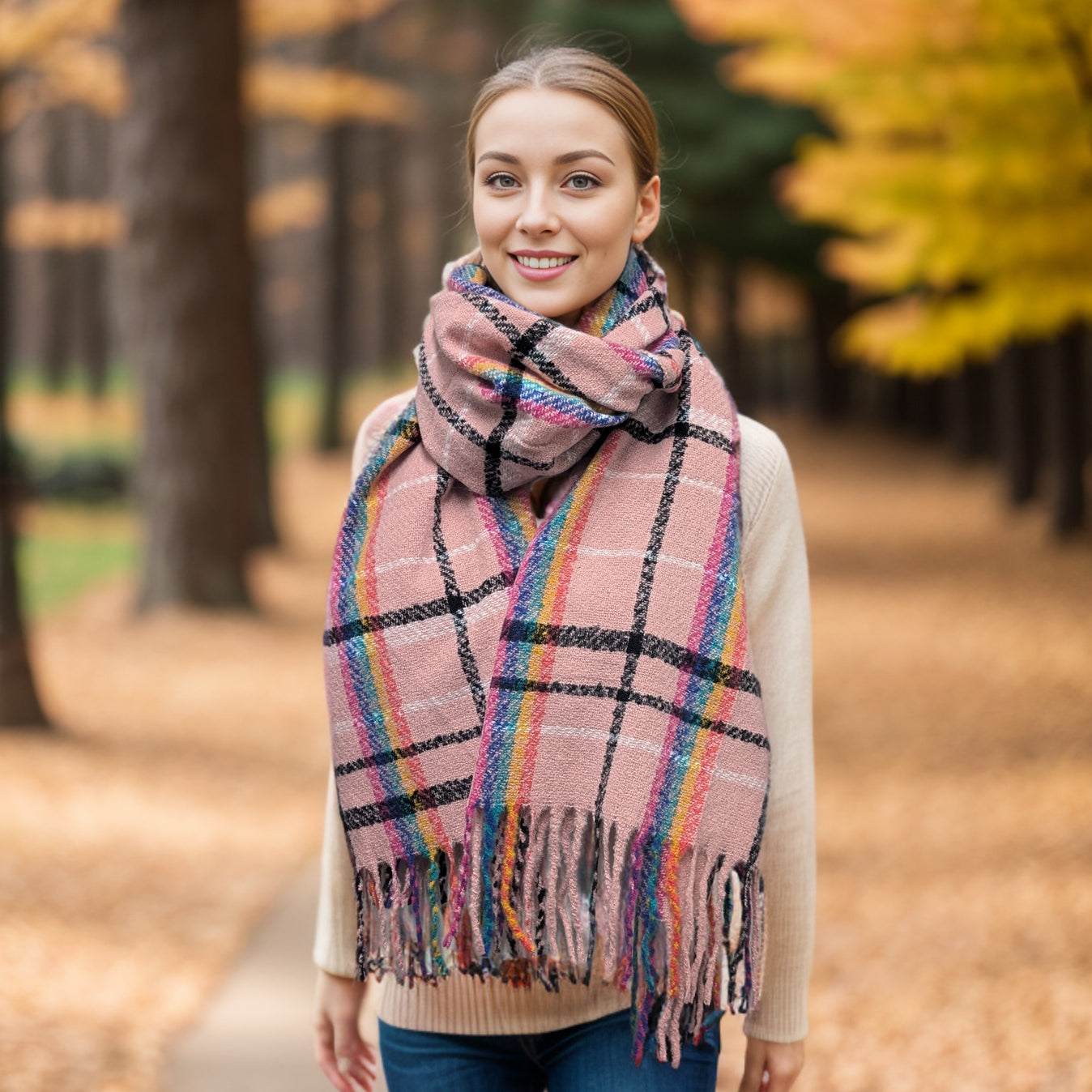 Amali - Neon Rainbow Thick Scarf - Vintage Pink