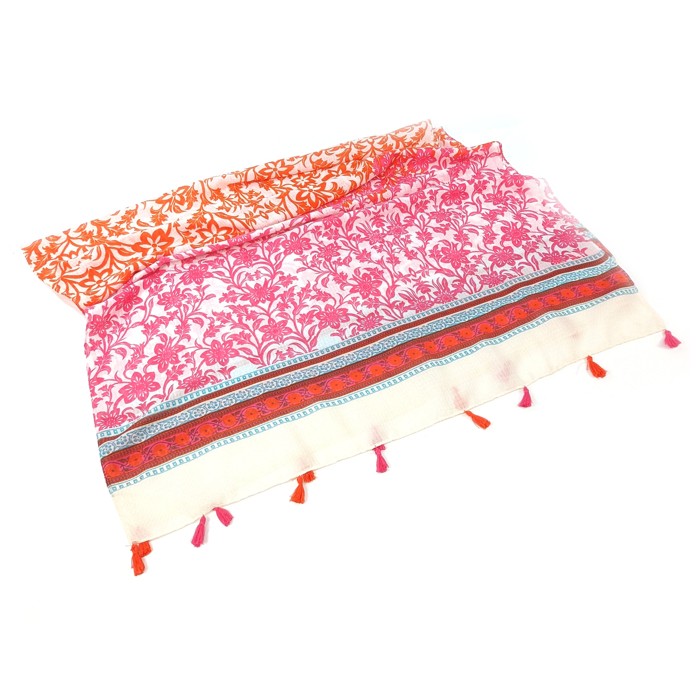 Juri - Bordered Flower Scarf - Pink/Orange (80x180cm)
