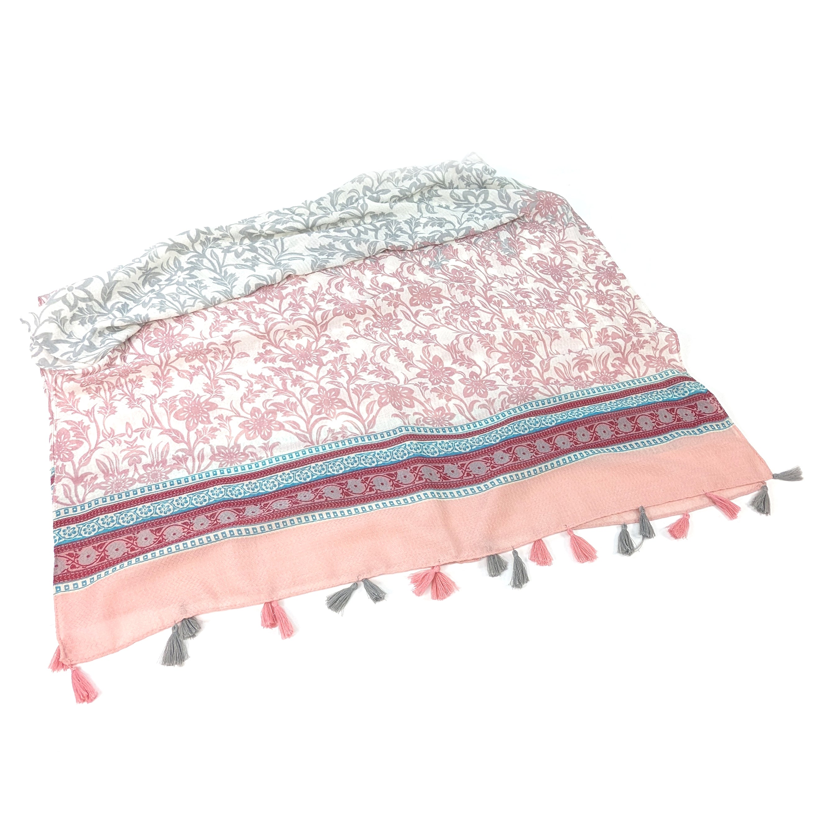 Juri - Bordered Flower Scarf - Grey/Pink (80x180cm)