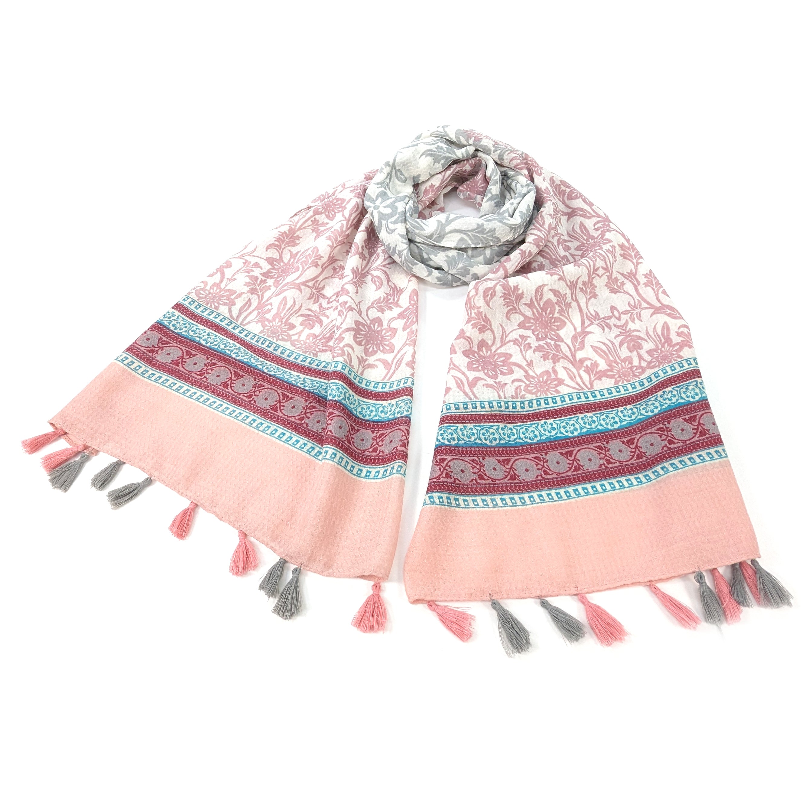 Juri - Bordered Flower Scarf - Grey/Pink (80x180cm)