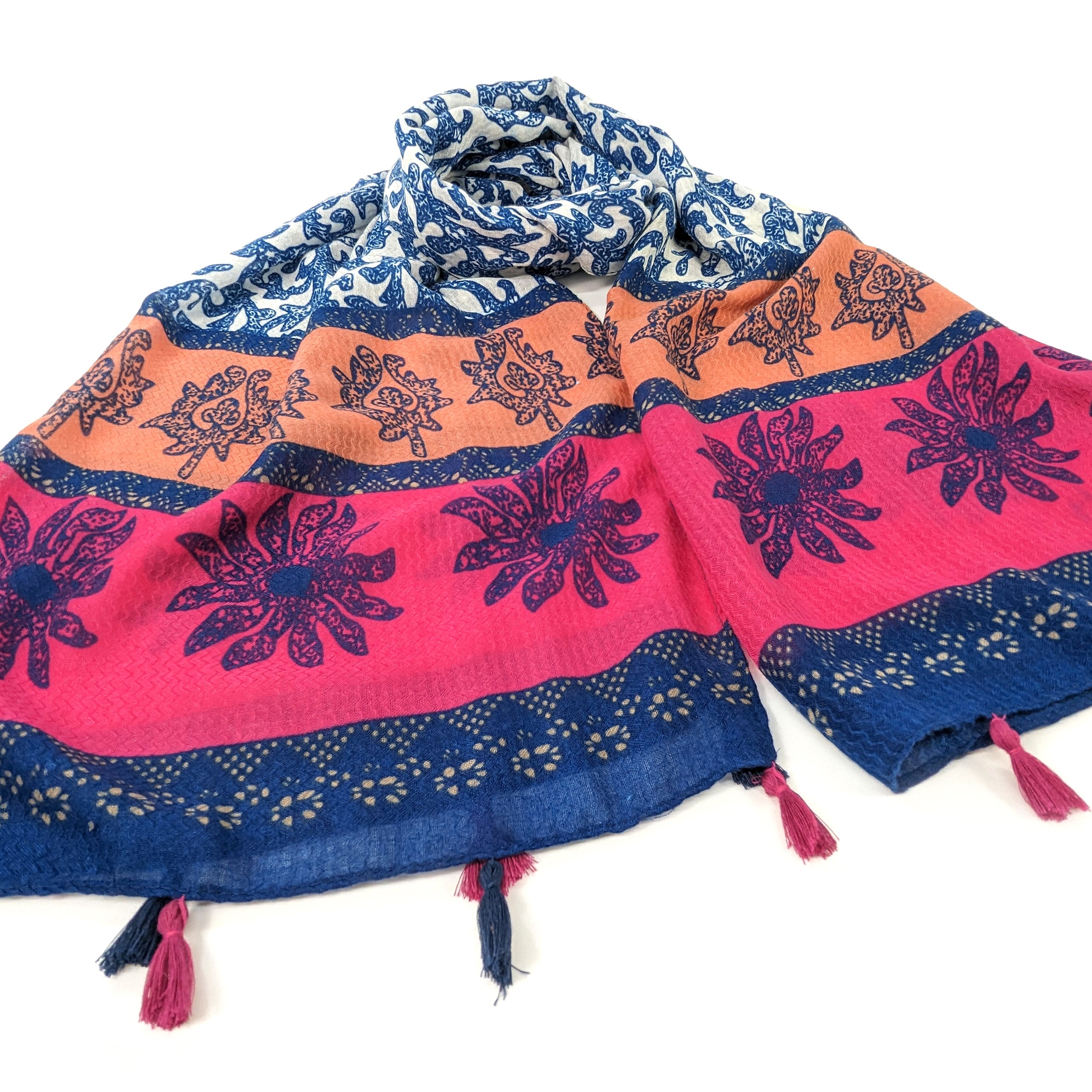 Kianda - Bordered Seaweed Scarf - Navy/Fuchsia (80x180cm)