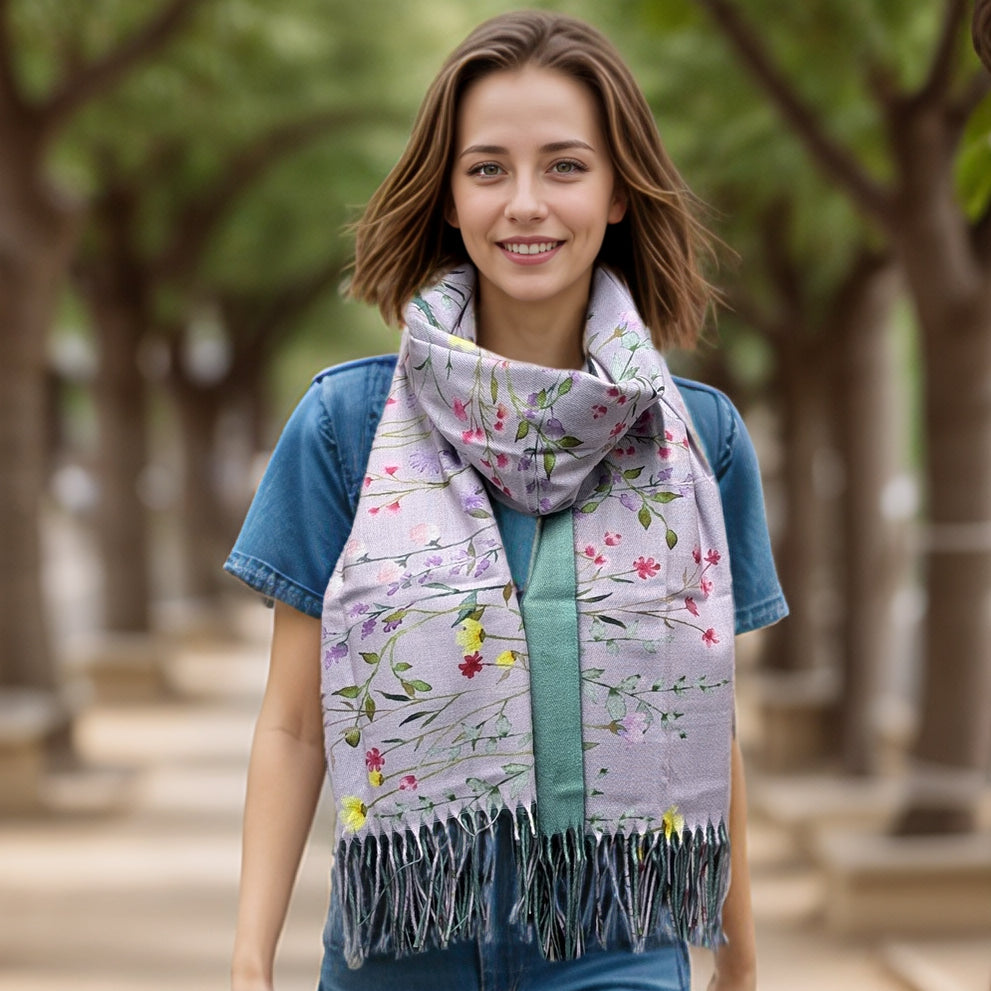 Écharpe de style Pashmina avec bordure de jardin sauvage - Design exclusif (70x180cm)