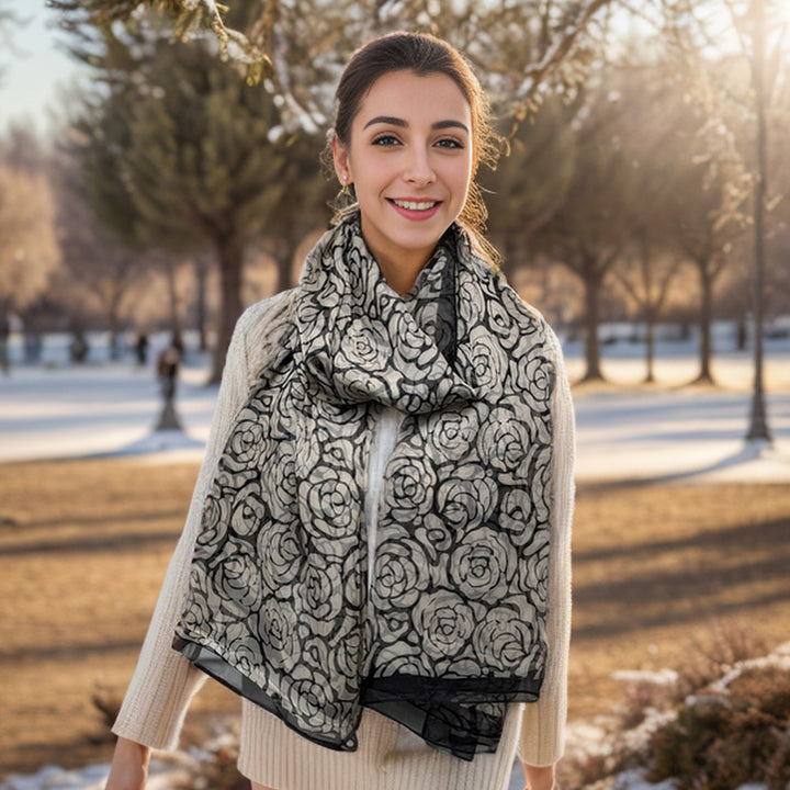 Sava - Roses Chiffon Scarf (110x180cm) - Black