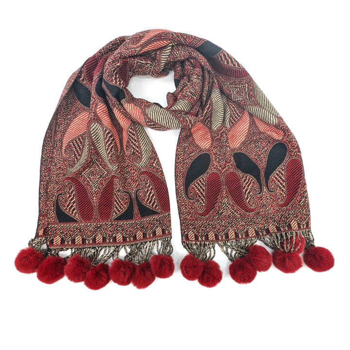 Mezdra - Vivid PomPom Pashmina (100% Viscose - 65x180cm) - Ruby Red