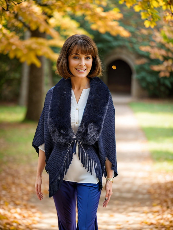 Knitted Shrug with Faux Fur Collar - Navy Blue