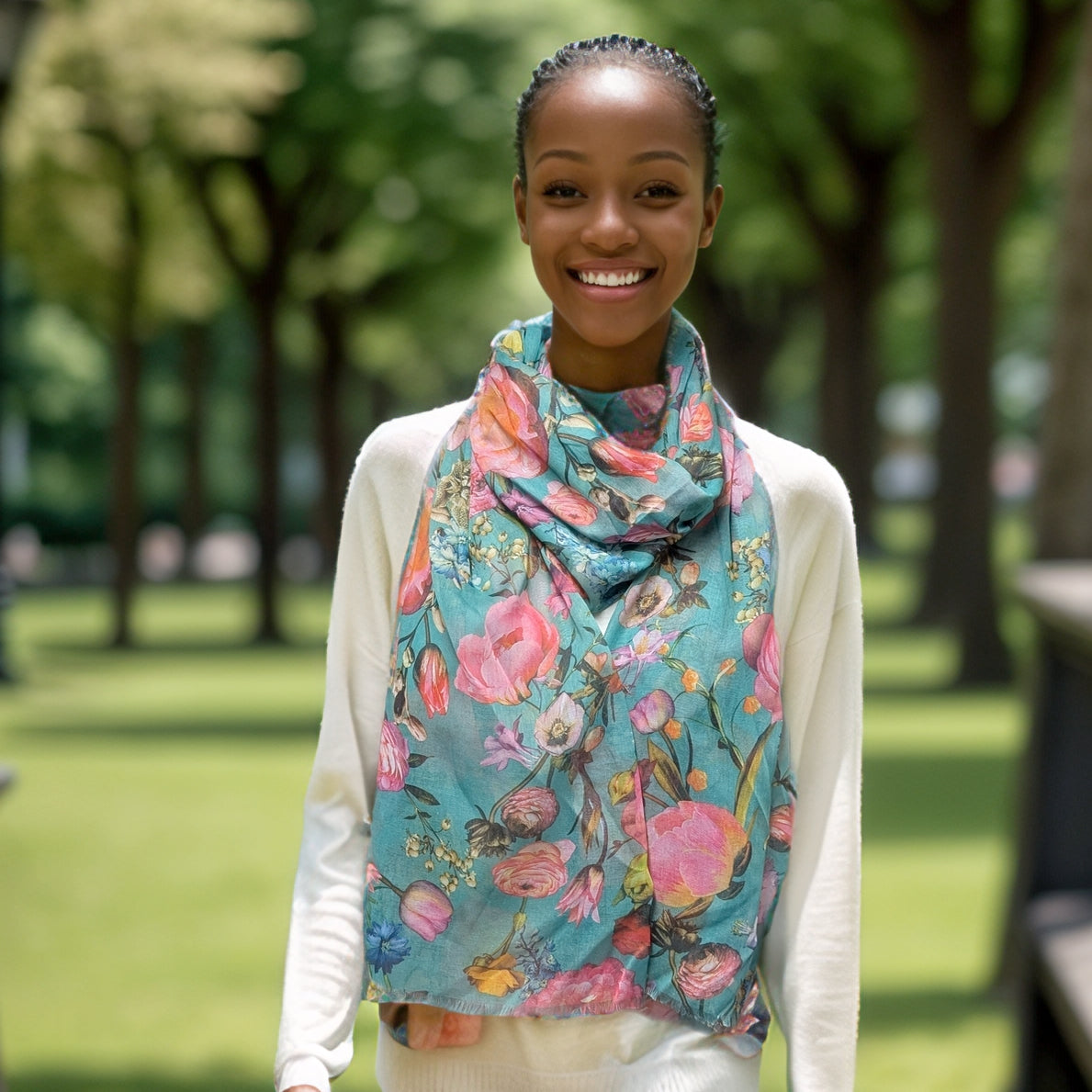 Silky Floral Scarf (70x180cm) - Green