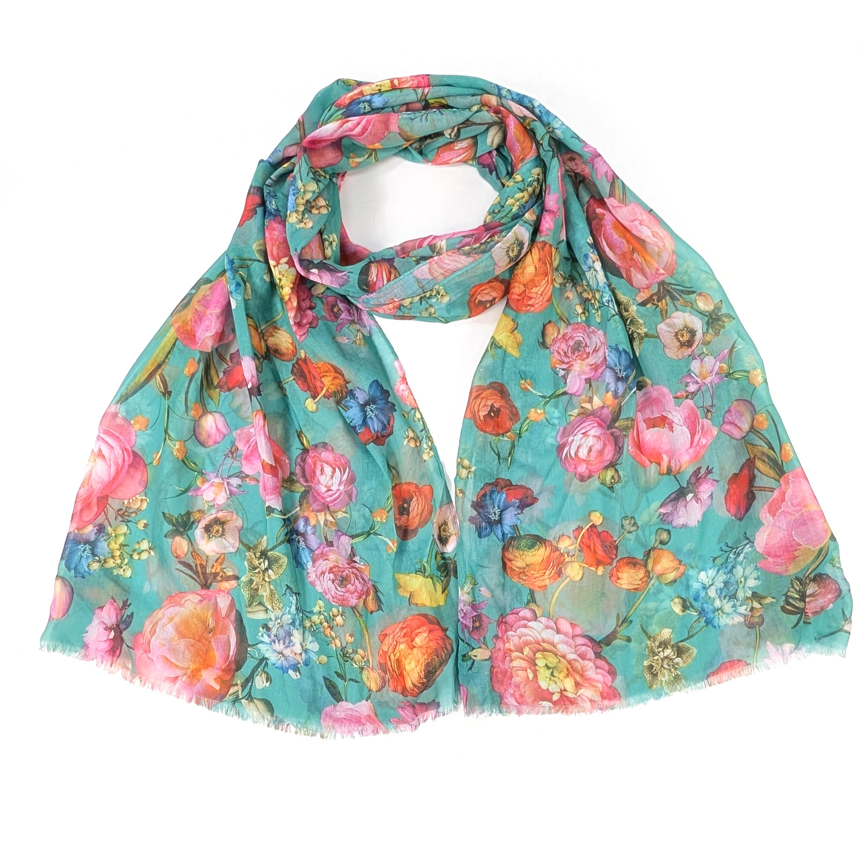 Silky Floral Scarf (70x180cm) - Green