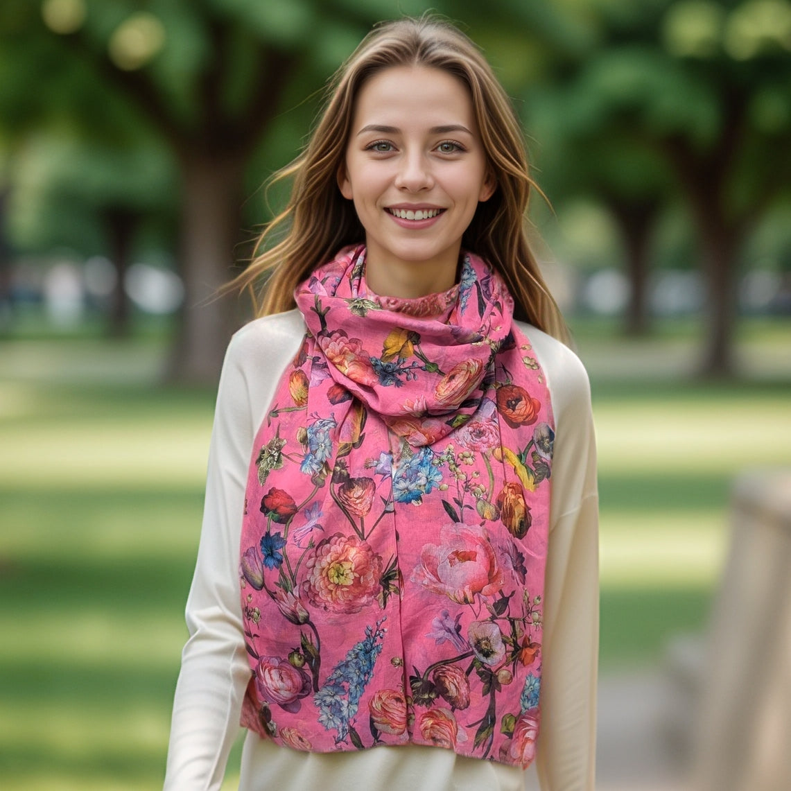 Silky Floral Scarf (70x180cm) - Pink