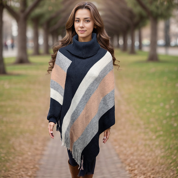 Tuwed - Cowl Neck Collar Knitted Poncho - Blue/Pink