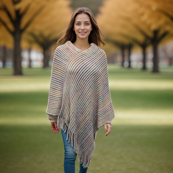 Catur - Striped Knitted Poncho - Cream