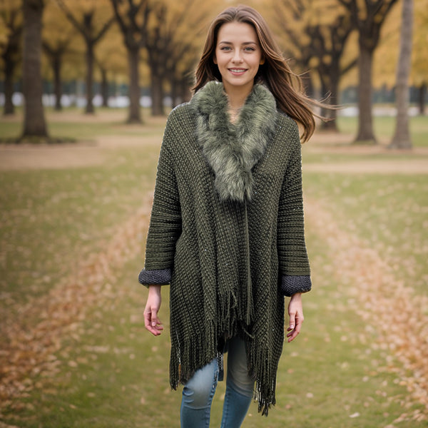 Batar - Faux Fur Collared Cardigan - Green