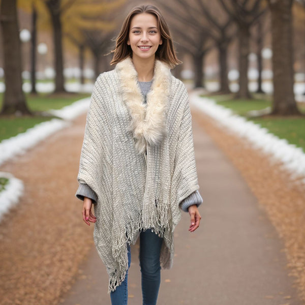 Batar - Faux Fur Collared Cardigan - Cream