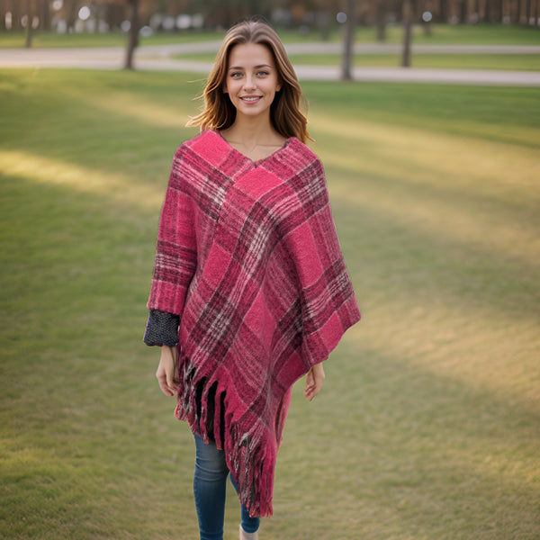 Bright Pink Check Plaid Poncho - Thick Cosy Feel