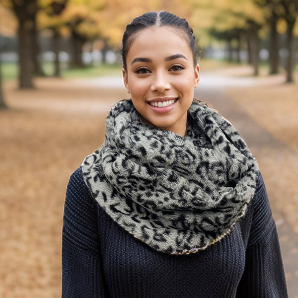 Animal Print Double Faux Fur Snood - Grey