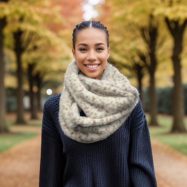 Animal Print Double Faux Fur Snood - Cream