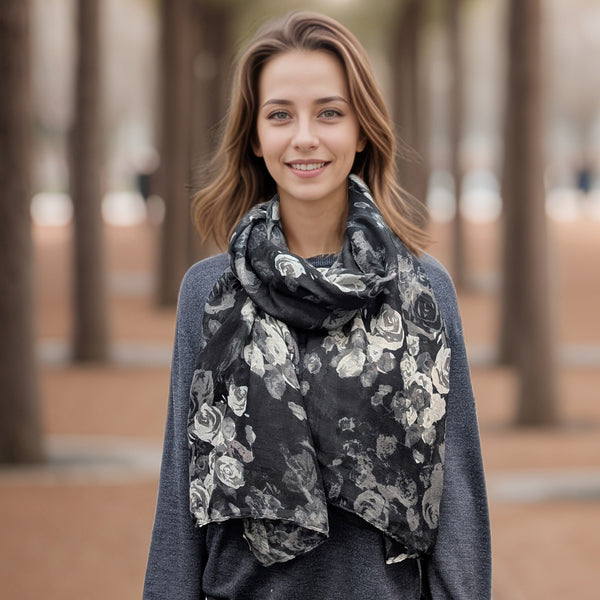 Tirtha - Roses Scarf (50x180cm) - Black