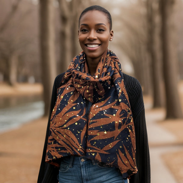 Kori - Glistening Leaves Scarf (70x180cm) - Copper Brown