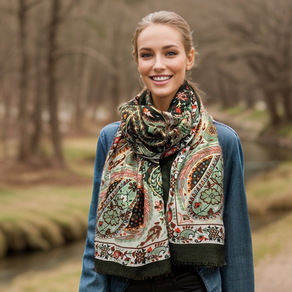 Sawan - Golden Paisley Scarf (80x180cm) - Green