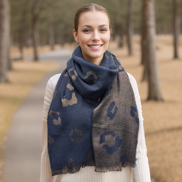 Bukit - Sparkling Animal Print Pashmina Scarf (60x180cm) - Navy Blue