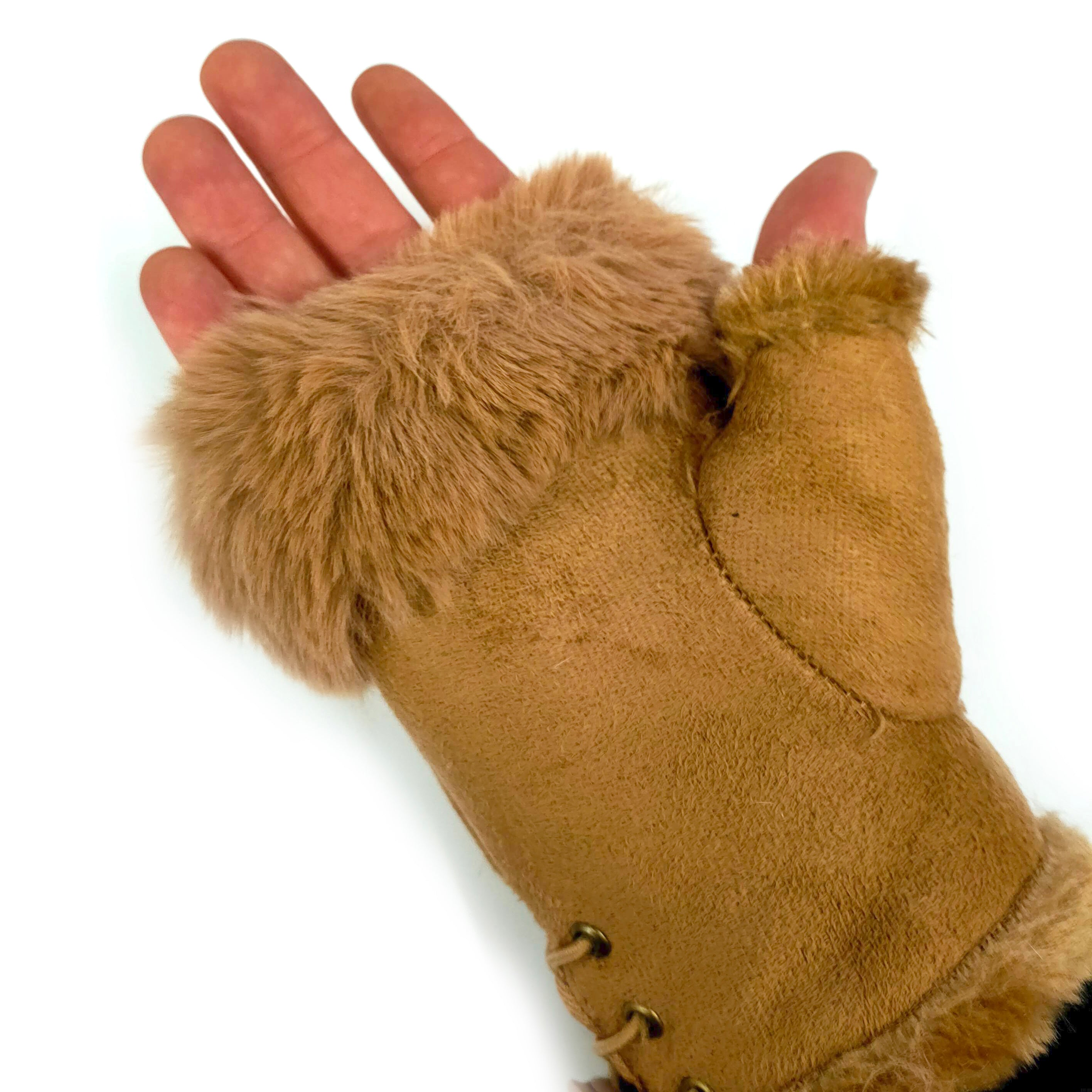 Suede Effect Fingerless Glove - Camel