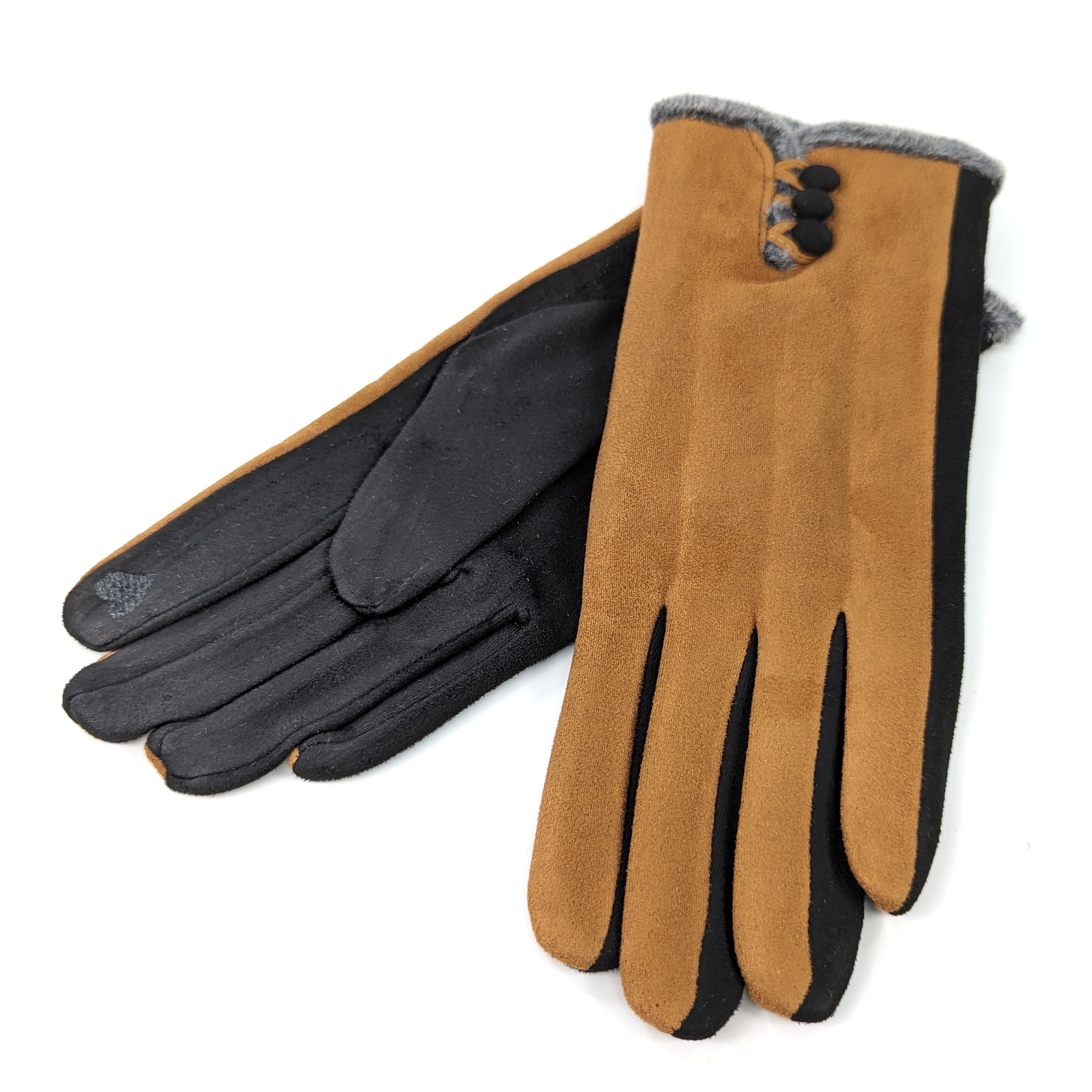 Bicolour Suede Effect Gloves with Faux Fur Trim - Camel/Black