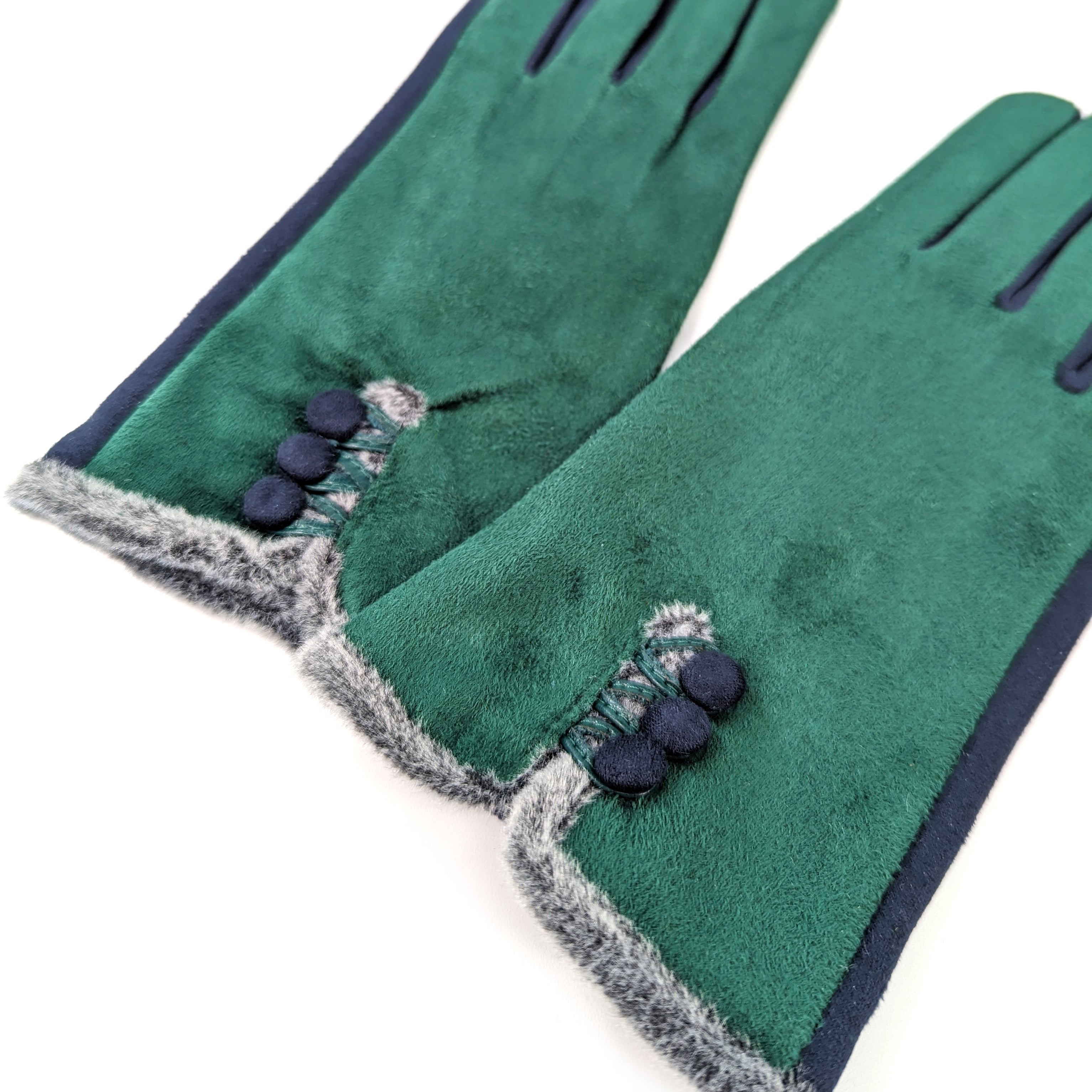 Bicolour Suede Effect Gloves with Faux Fur Trim - Green/Navy