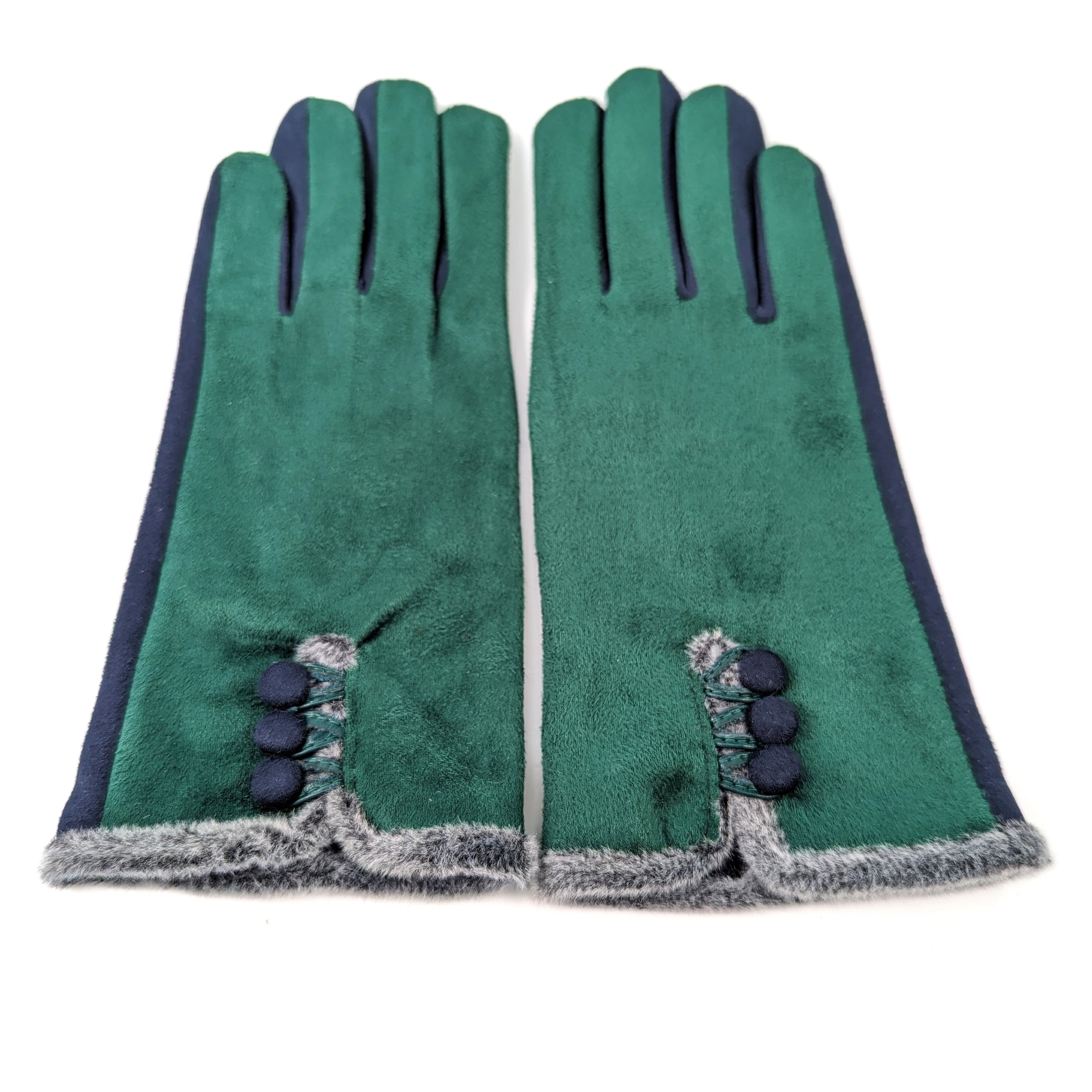 Bicolour Suede Effect Gloves with Faux Fur Trim - Green/Navy