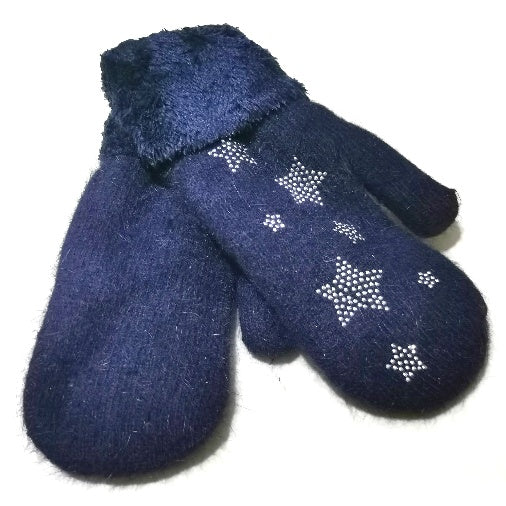 Little Stars Faux Fur Mittens - Navy