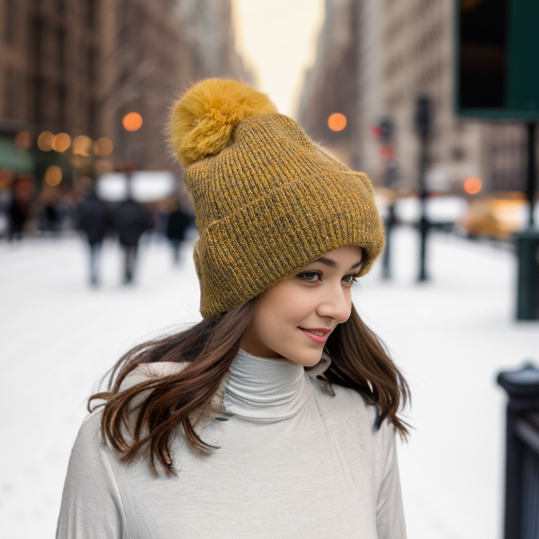 Sequin Faux Fur PomPom Hat - Mustard