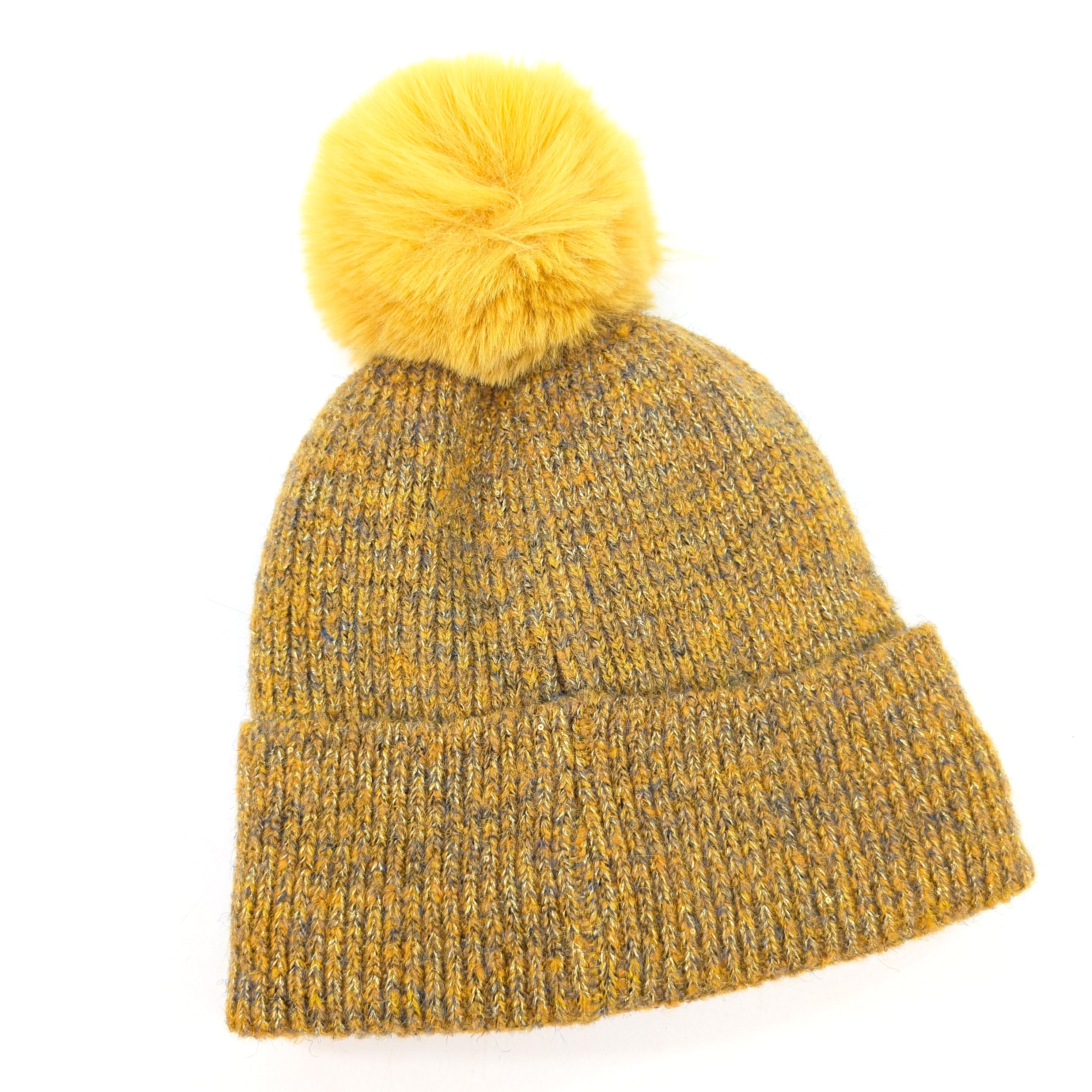 Sequin Faux Fur PomPom Hat - Mustard