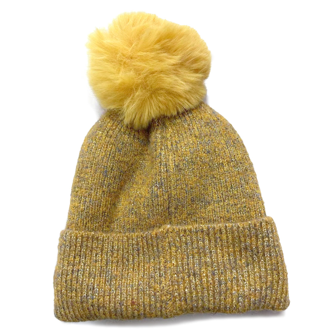 Sequin Faux Fur PomPom Hat - Mustard