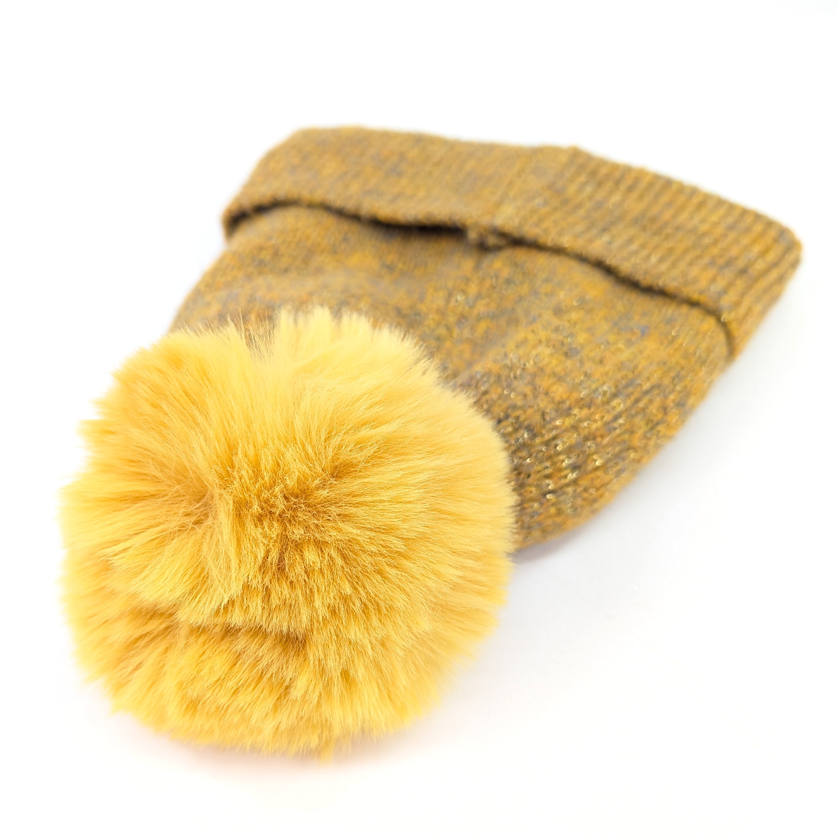 Sequin Faux Fur PomPom Hat - Mustard