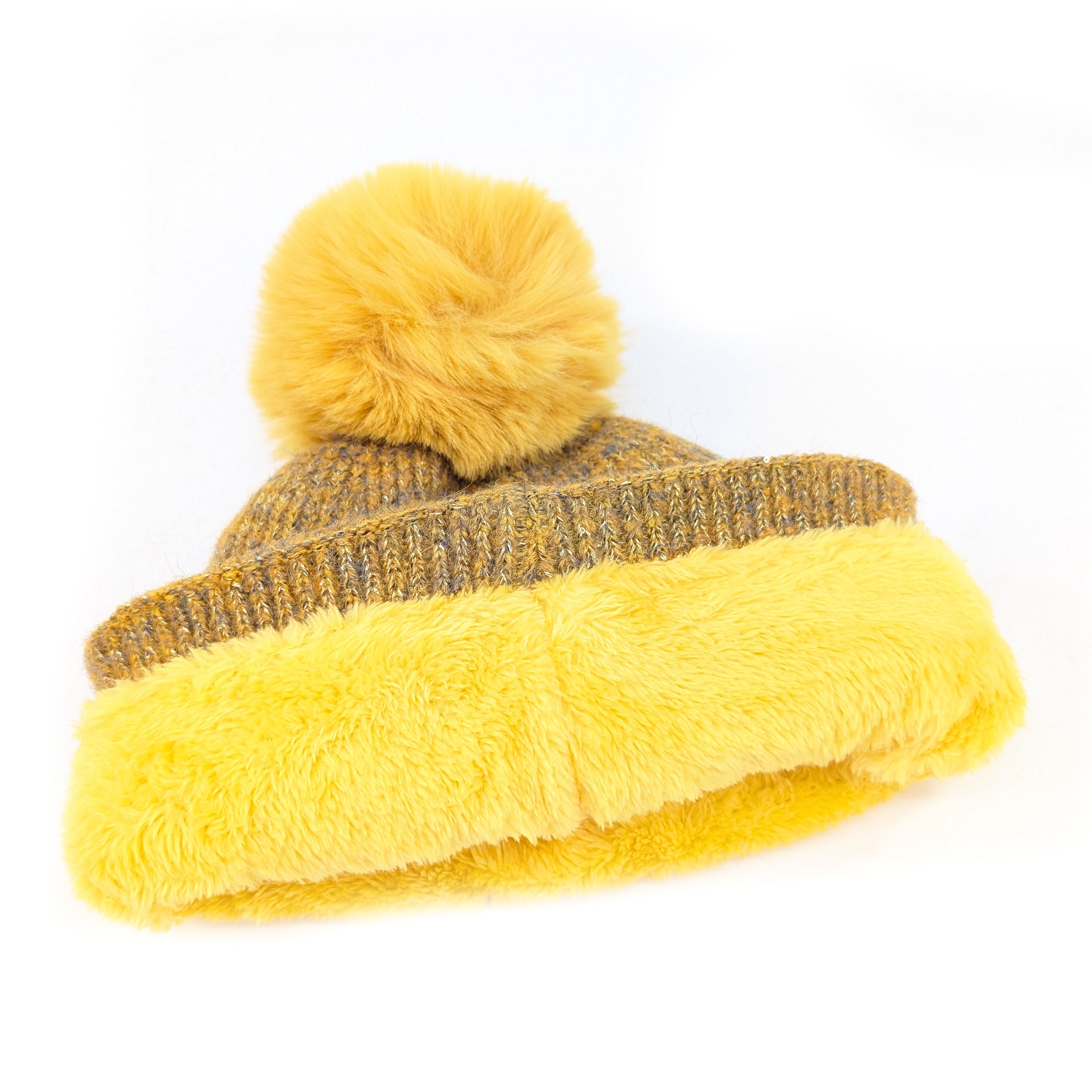 Sequin Faux Fur PomPom Hat - Mustard