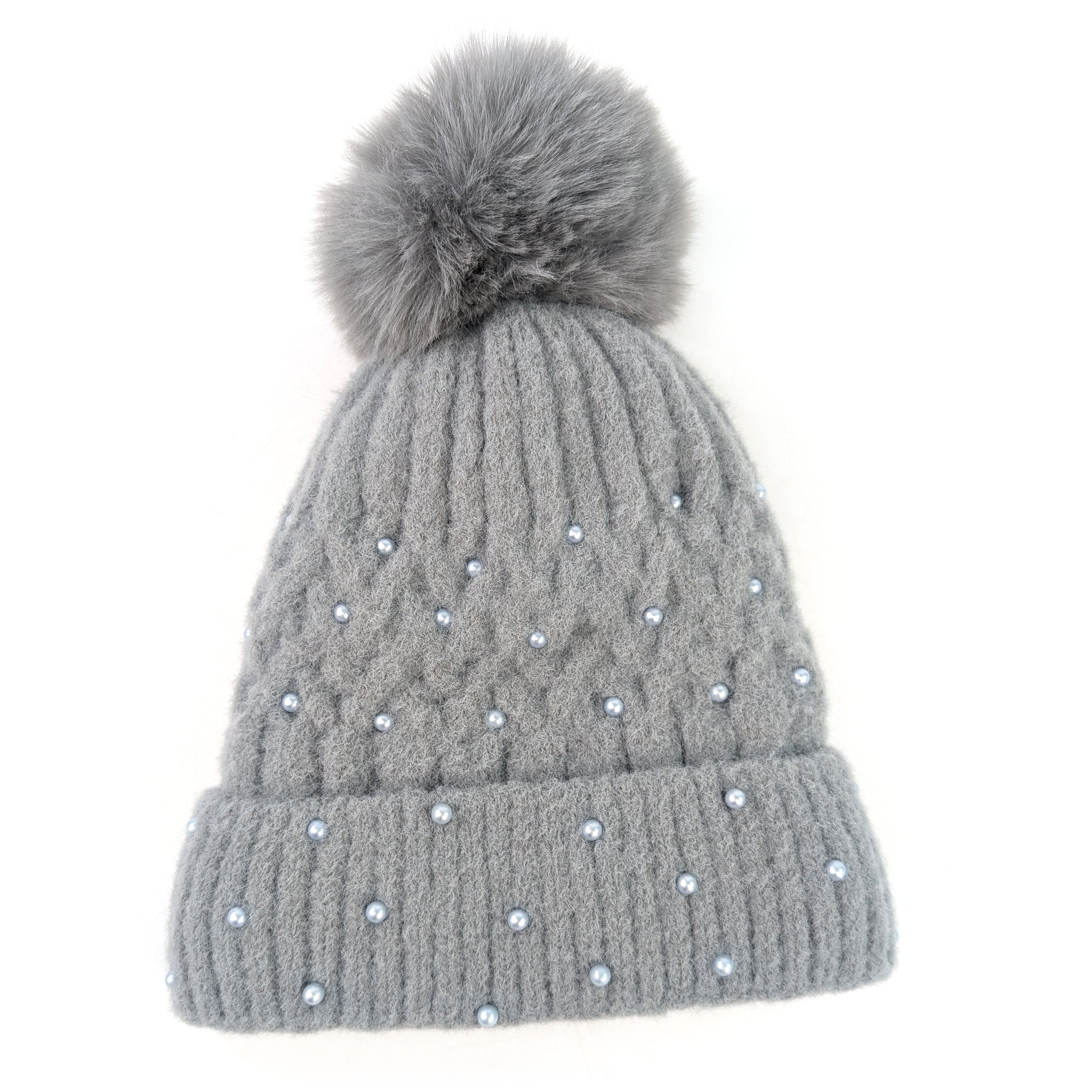 Pearl Faux fur PomPom Hat - Silver Grey