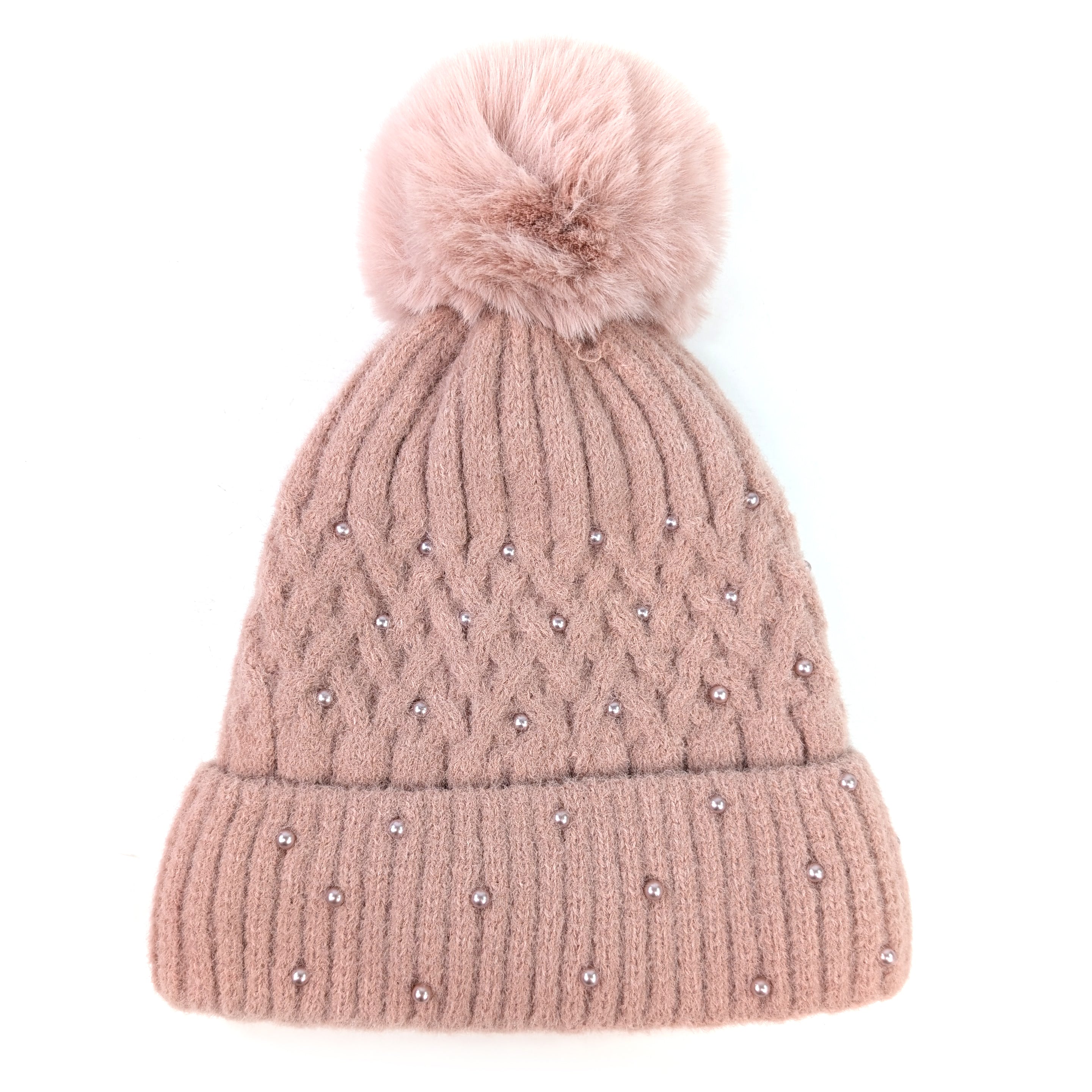 Pearl Faux fur PomPom Hat - Dusky Pink