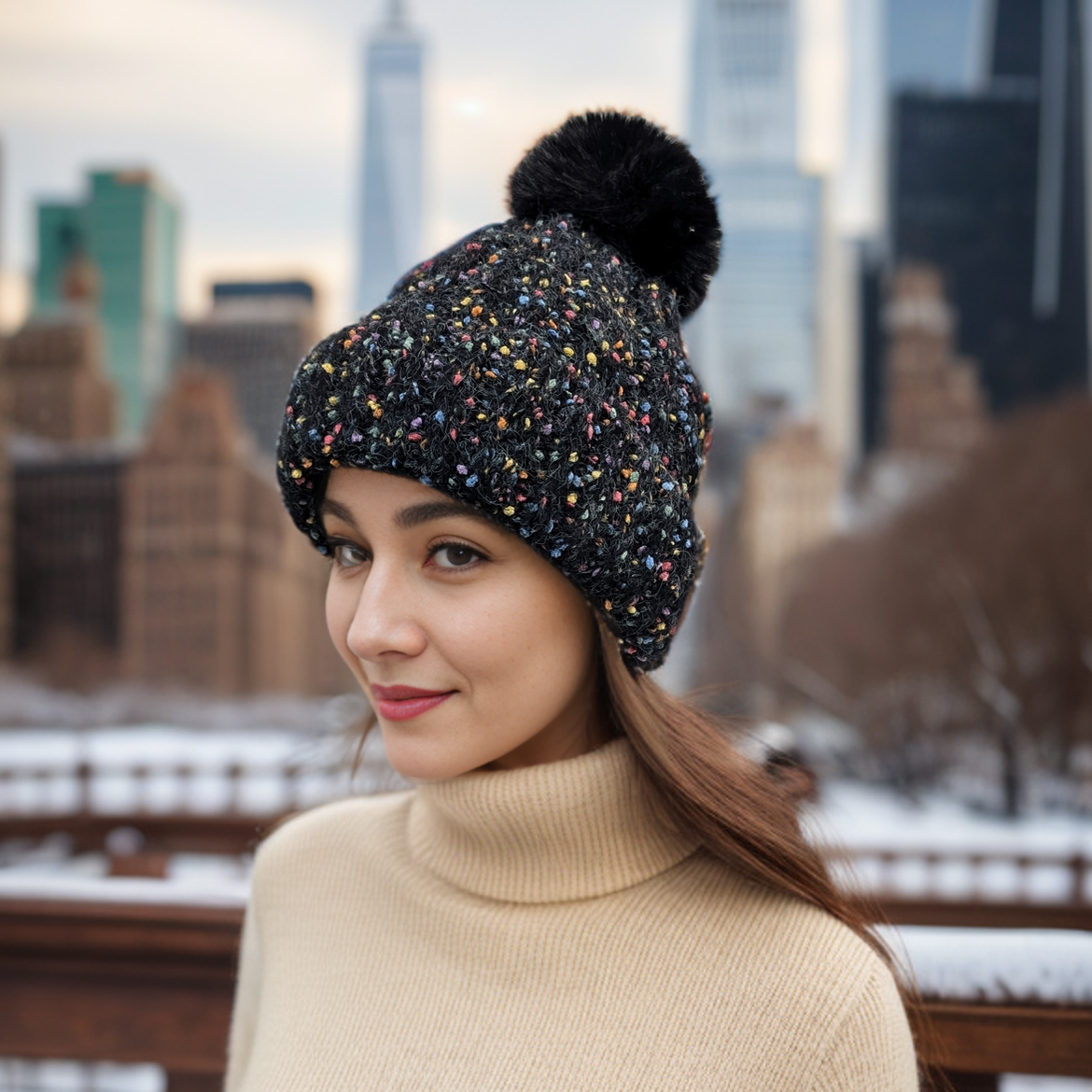 Confetti Faux Fur PomPom Hat - Jet Black