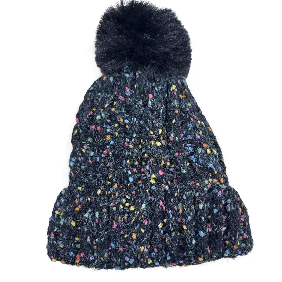 Confetti Faux Fur PomPom Hat - Jet Black