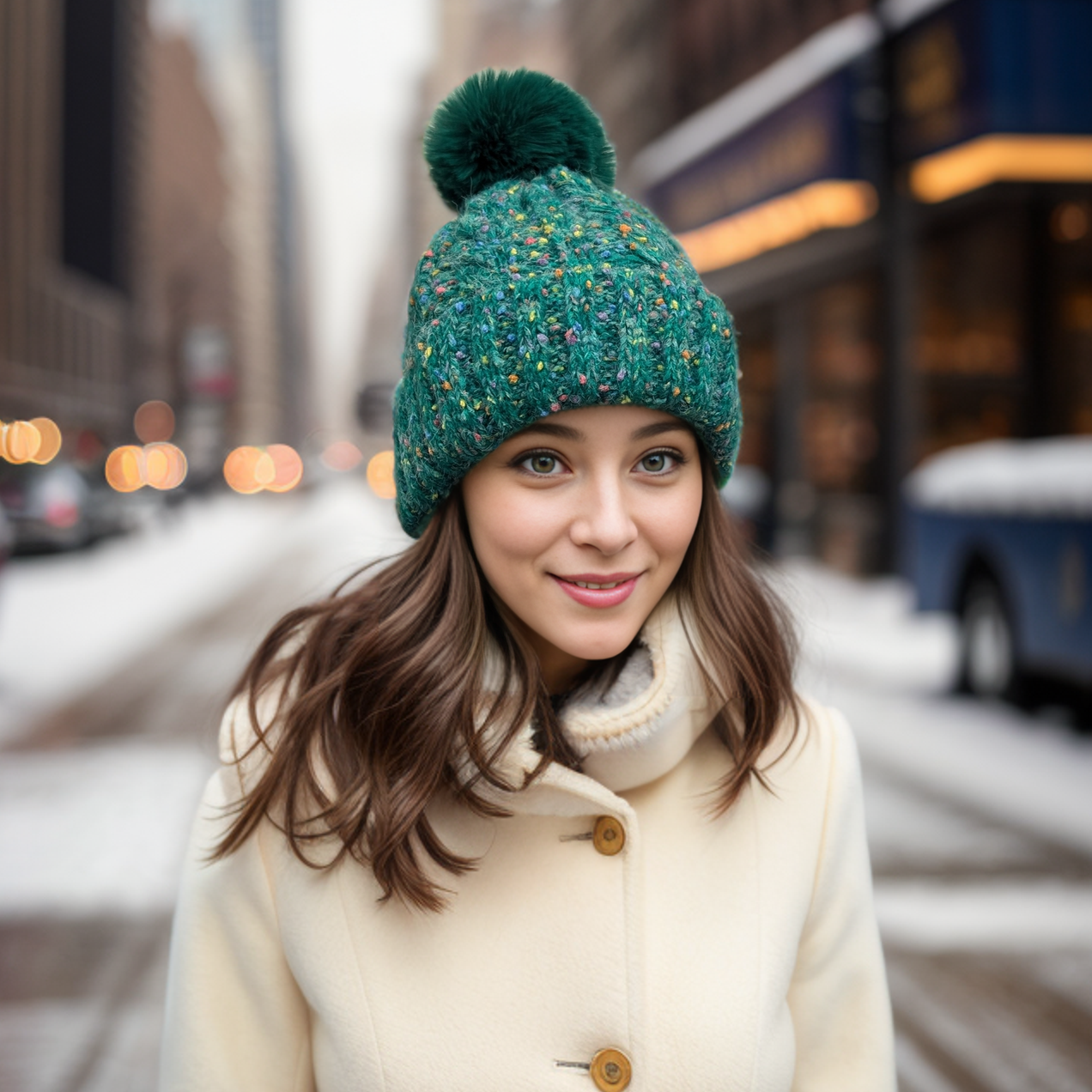 Confetti Faux Fur PomPom Hat - Emerald Green