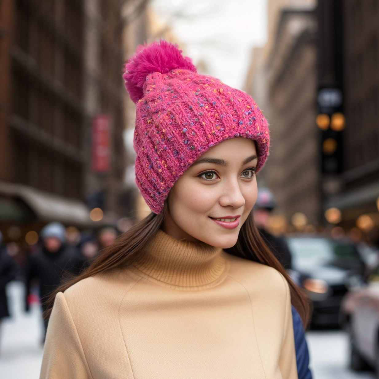 Confetti Faux Fur PomPom Hat - Neon Pink