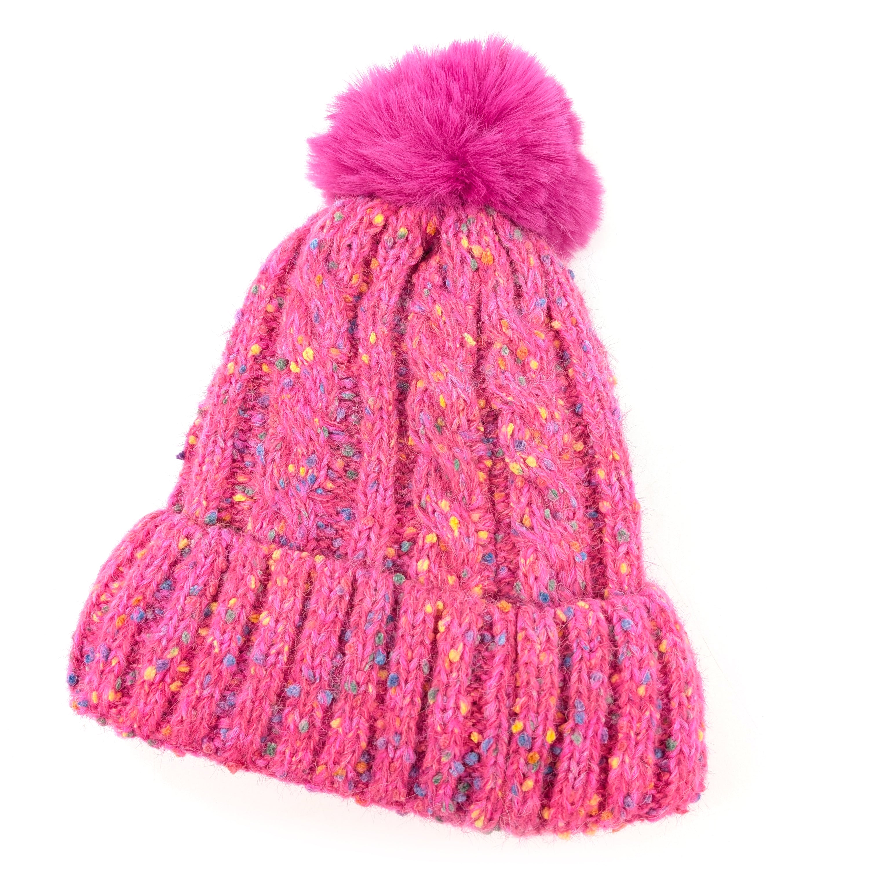 Confetti Faux Fur PomPom Hat - Neon Pink