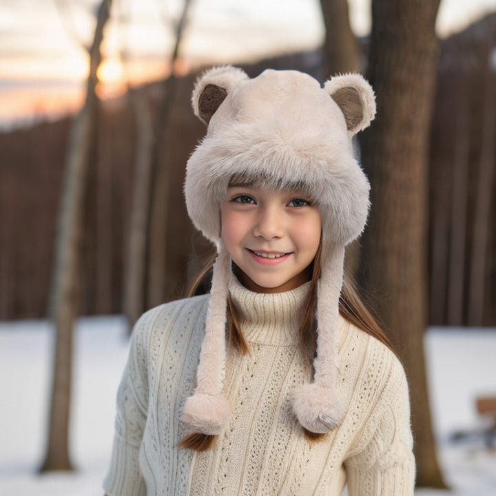 Faux Fur Bear Hat with Pom Pom Ties
