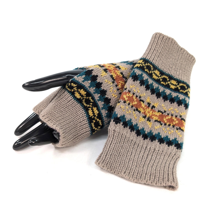 Knitted Stripey Fingerless Gloves - Mocha