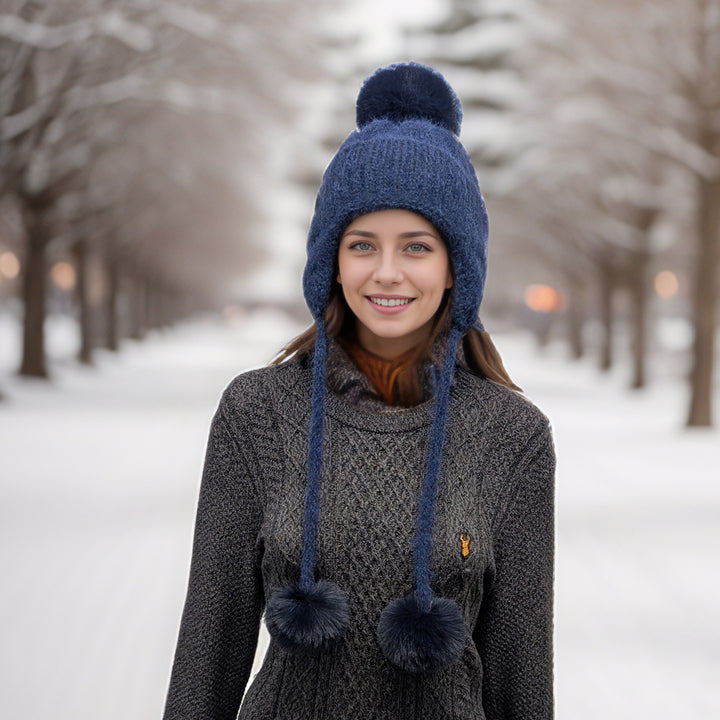 Long Tie PomPom Knitted Hat - Navy Blue