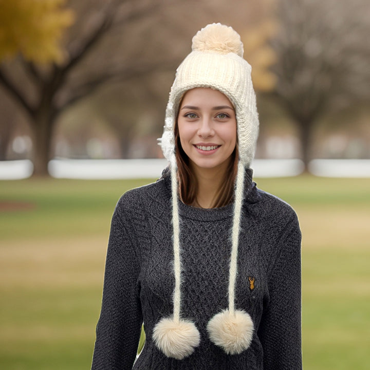 Long Tie PomPom Knitted Hat - Cream