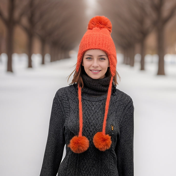 Long Tie PomPom Knitted Hat - Orange
