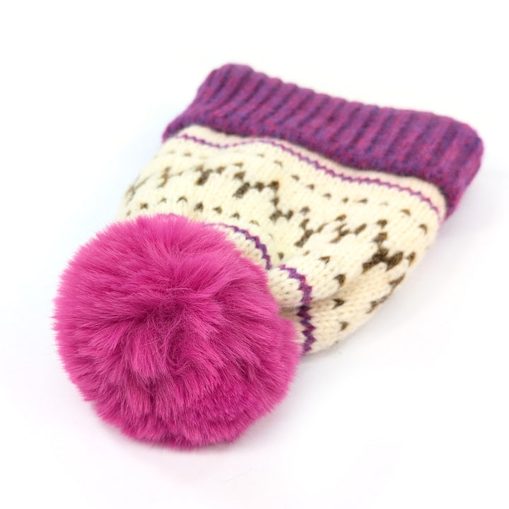 Fair Isle Pattern PomPom Hat - Pink