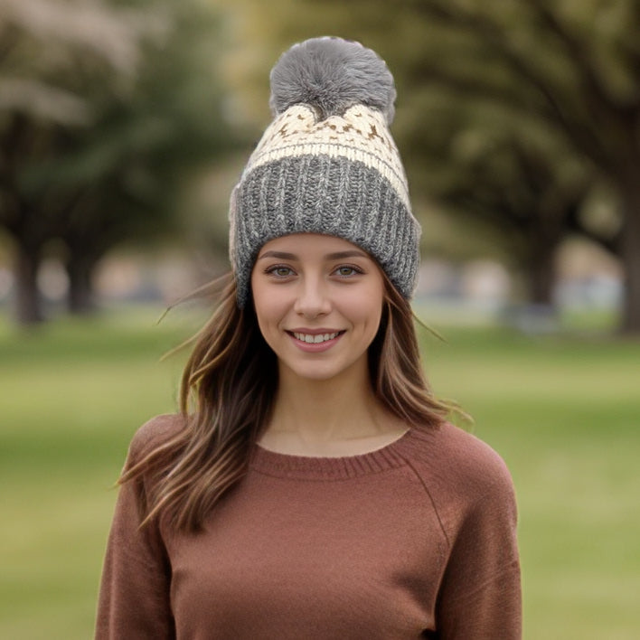 Fair Isle Pattern PomPom Hat - Grey