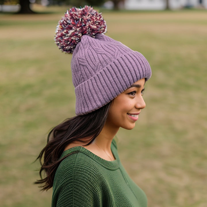 Multicoloured PomPom Knitted Hat - Purple
