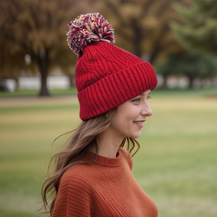Multicoloured PomPom Knitted Hat - Dark Red