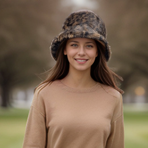 Faux Fur Bucket Hat - Dark Brown Animal Print